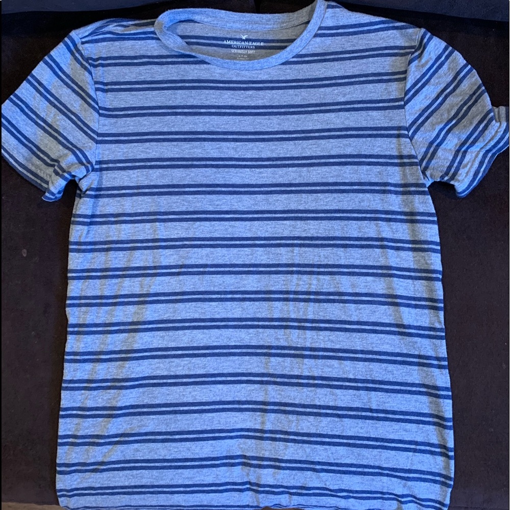 Mens American Eagle Grey T-Shirt With Blue Stripes